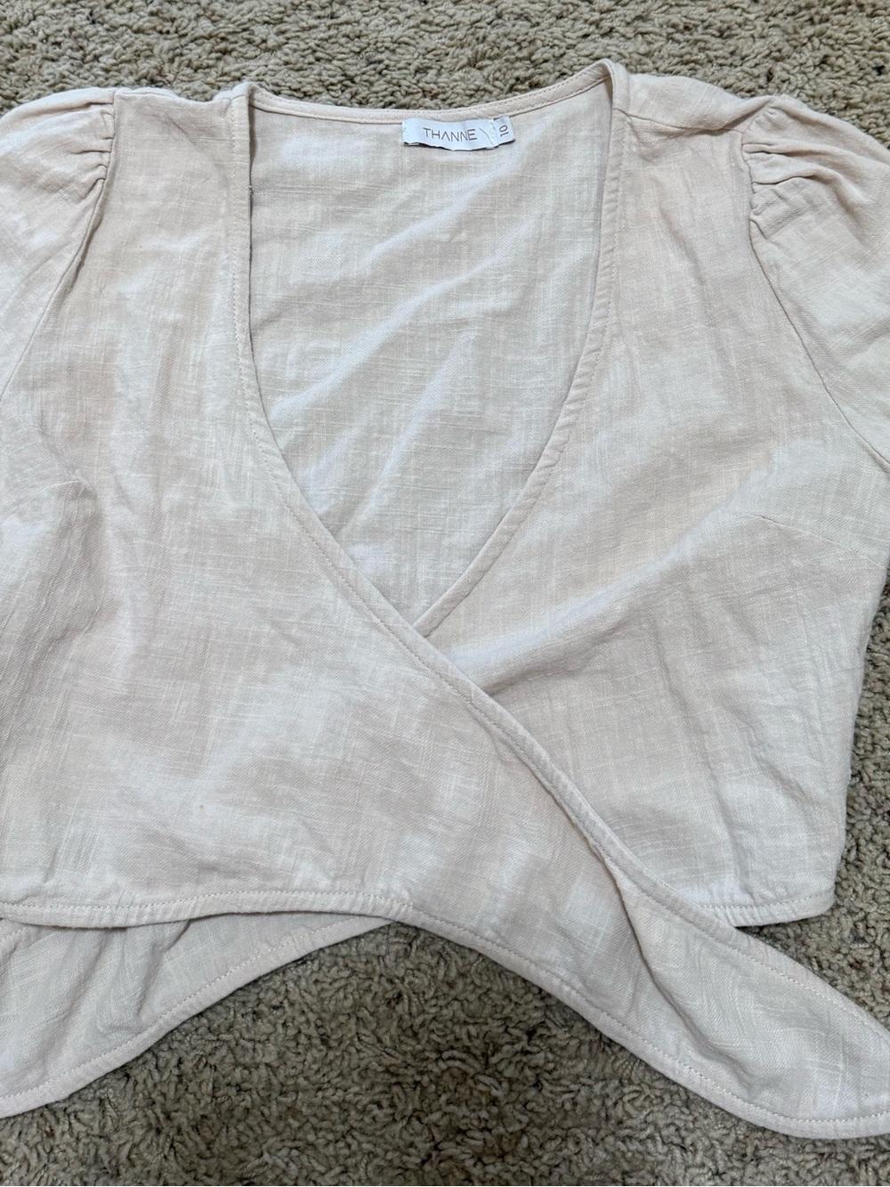 Thanne Beige Linen-Blend Wrap Crop Top